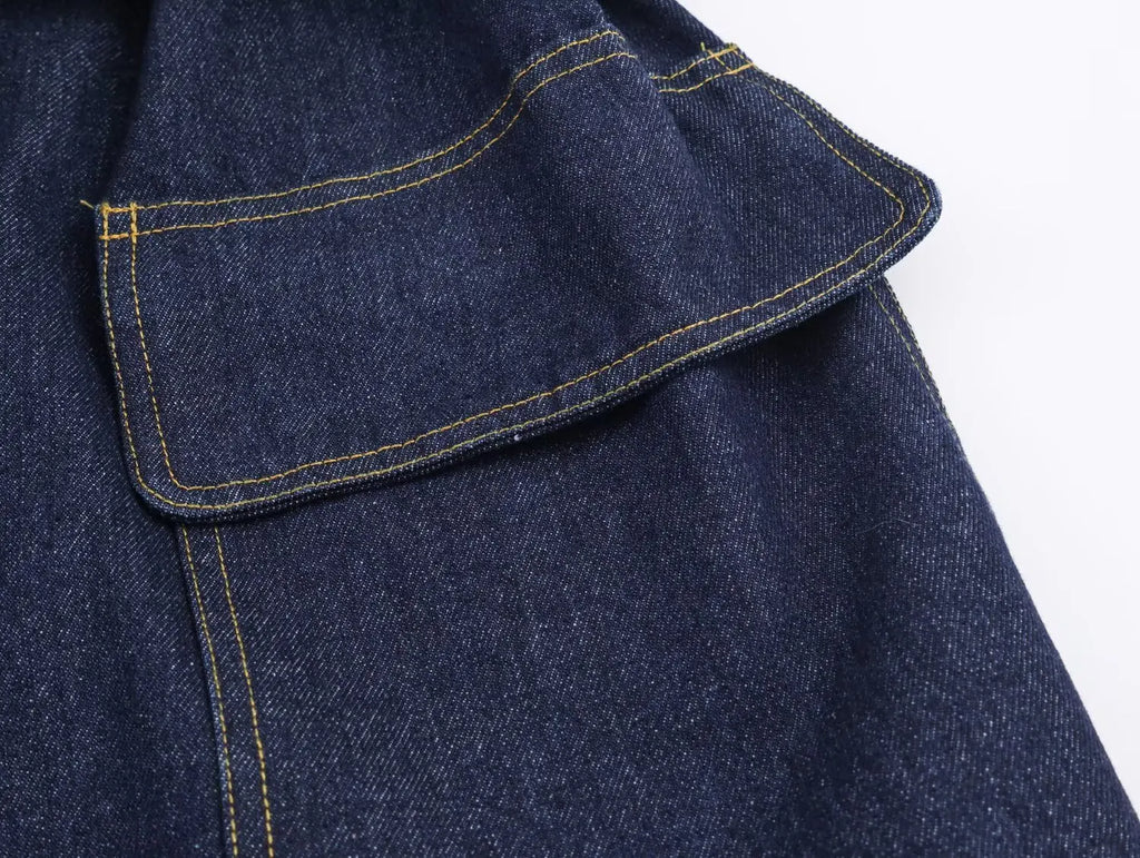 2025 New Women's Fashion Cinched Waist Denim Short Trench Coat Navy Blue Stand Collar Long Sleeve Elegant Ladies' Fashion Appare