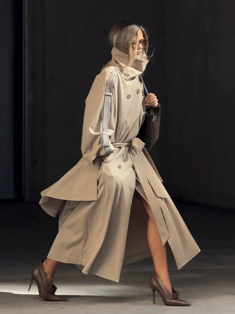 Women's Trench Coat Double Breasted Stand Collar Epaulet Lace Up Long Windbreaker Office Lady Winter Autumn Solid Slim Outerwear