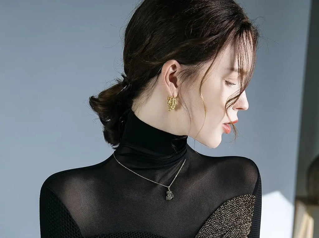 Women's Clothing Sexy See Through Mesh Patchwork Black Basic T-Shirts High Collar Elegant Chic Bright Silk Long Sleeve Slim Tops