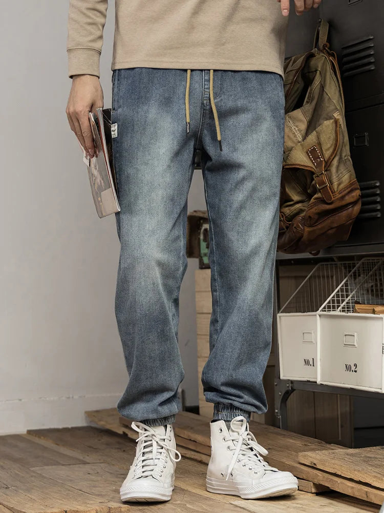 Classic Washed Blue Denim Jeans for Men American Minimalist Loose Tapered Pants Versatile for Outdoor Wear Elastic Waistband