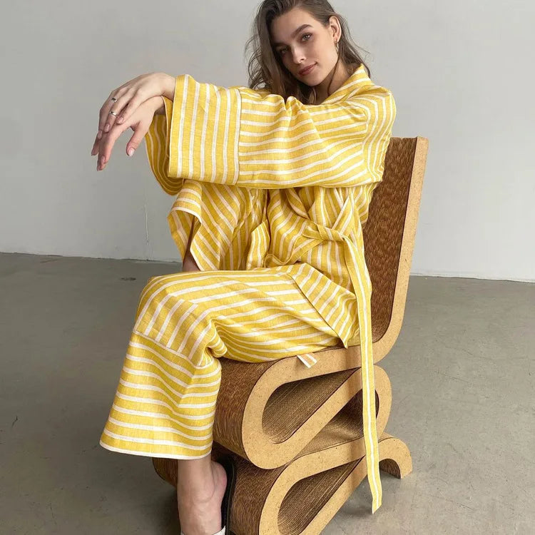 Women's Clothing 2025 Autumn New Striped Long-sleeved Loose Lace Top High Waist Trousers Fashionable Casual Suit