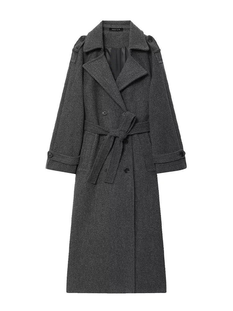 HH Winter Elegant Women Turn-Down Collar Long Coat Solid Long Sleeves Pocket Belt Double-Breasted Female Slim Windbreaker Coats