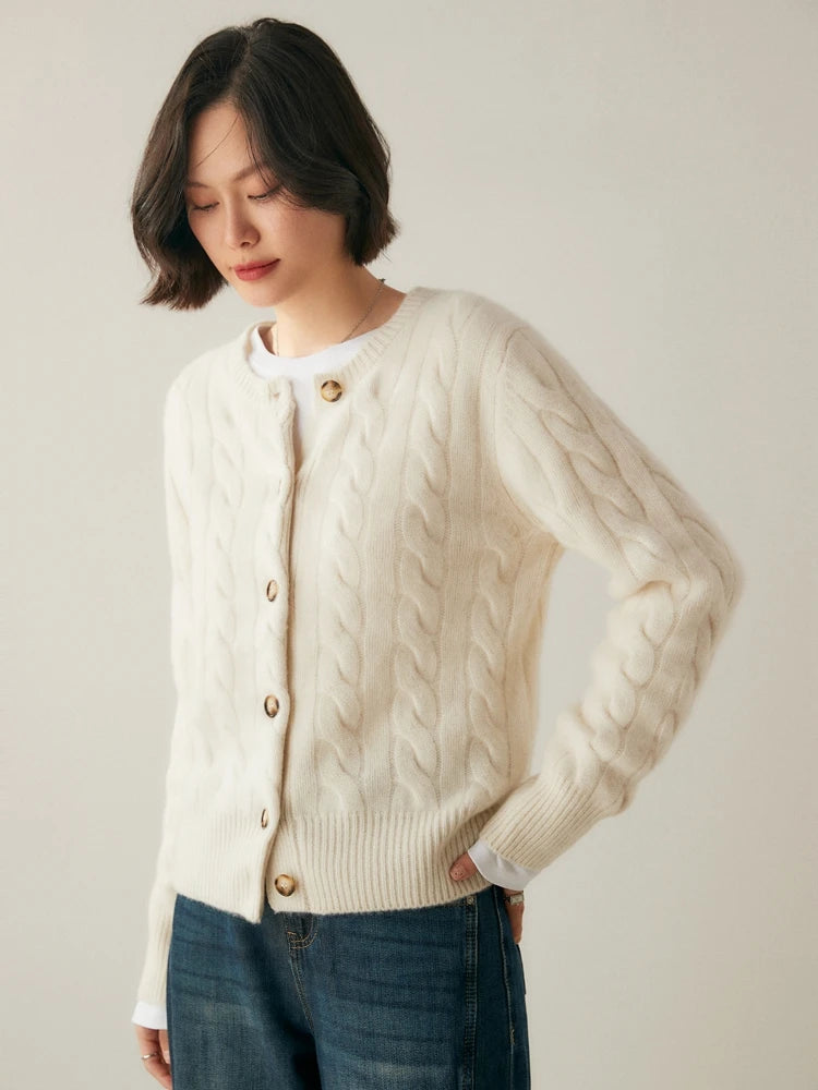 Luxury Women 100% Cashmere Sweater O-neck Cardigan Cable Knitting Thick Sweater Coat Autumn Winter Heavyweight Cashmere Clothes