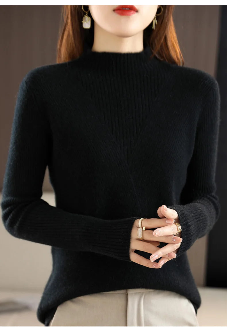Cashmere Sweater Women Pure Color Half high collar Casual Long-sleeved Loose Pullover Cashmere Sweater Women's