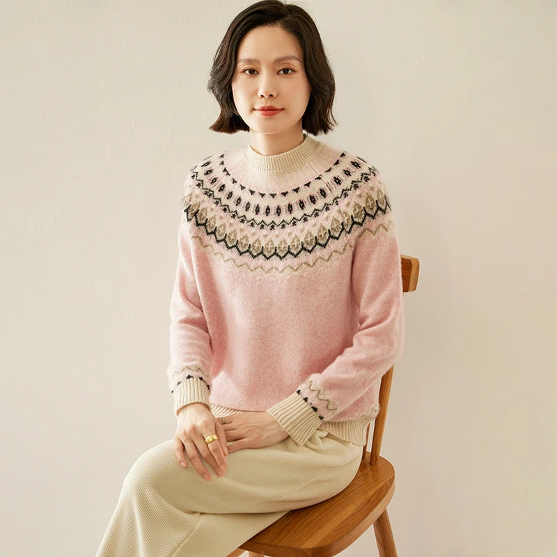 Autumn And Winter New Cashmere Sweater Fashion Women's Retro Round Neck Jacquard Cashmere Knitted Bottoming Shirt With Sweater