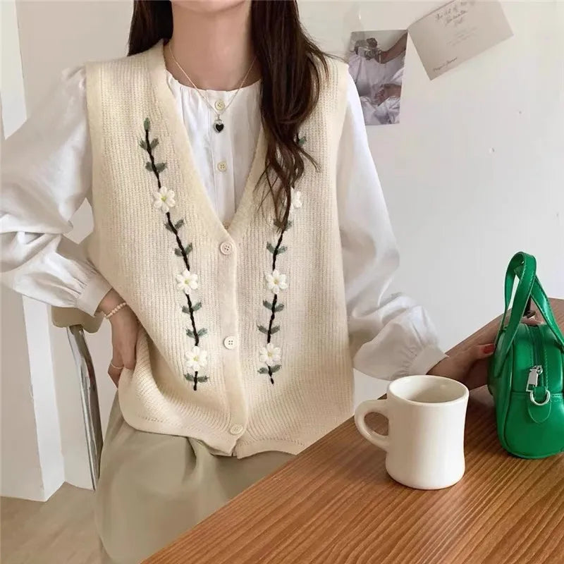 Female Sweater Flowers Wear To Work New in Elegant Clothing Winter 2025 Waistcoat Luxury Warm Embroidered Women's Knitted Vest