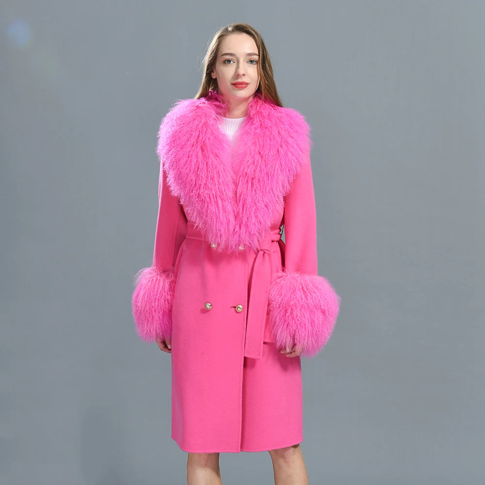 Women Cashmere Wool Coat With Real Mongolian Sheep Fur Collar  Ladies Autumn Winter Fashion Long Outwear Full Sleeve Fur Jacket