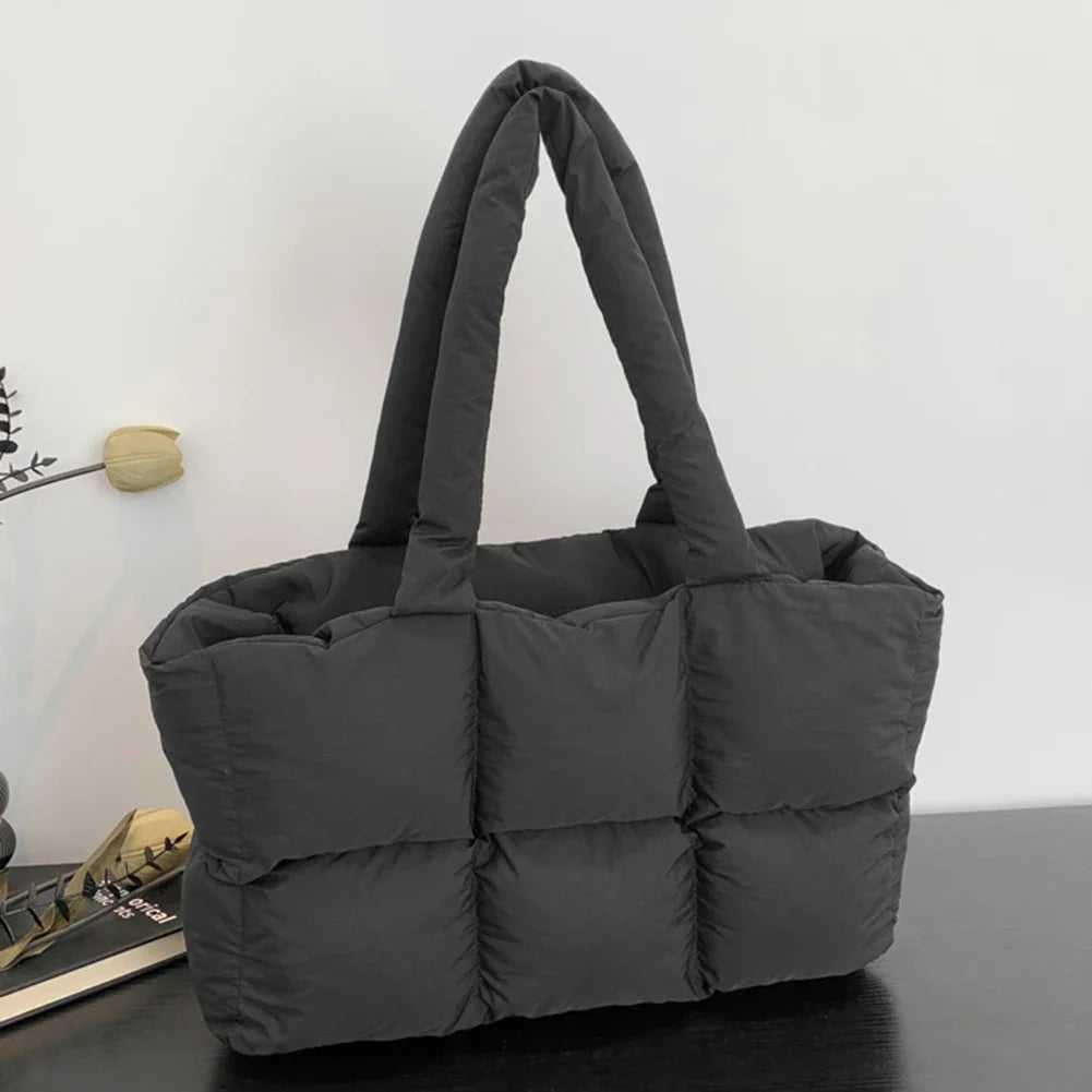 Women Padded Handbag Solid Color Quilted Single Shoulder Bag Large Capacity Soft Cloud Tote Bag Trendy Commuting Bags