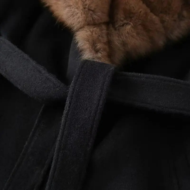 HH Women's Winter Fashion Coats Black Turn-Down Collar Long Sleeves Pockets Belt Decoration Female Elegant Slim Elegant Coat