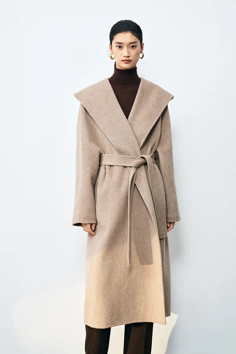 Office Lady Cashmere Woolen Jackets 2024 Autumn And Winter High-Grade Hooded Bathrobe Style Loose Lace-Up Long Women Wool Coats