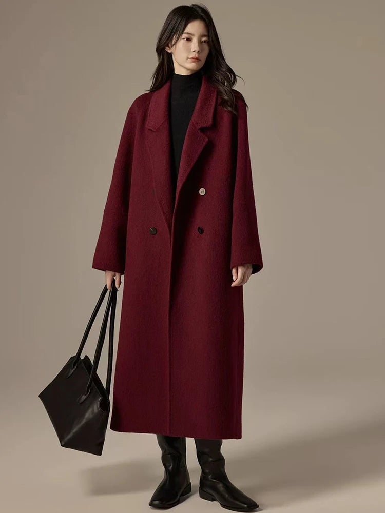 Vintage Faux Wool Coat Women Y2K Autumn Streetwear Loose Casual Midi Jacket Korean Elegant Office Ladies Blended Outwear New