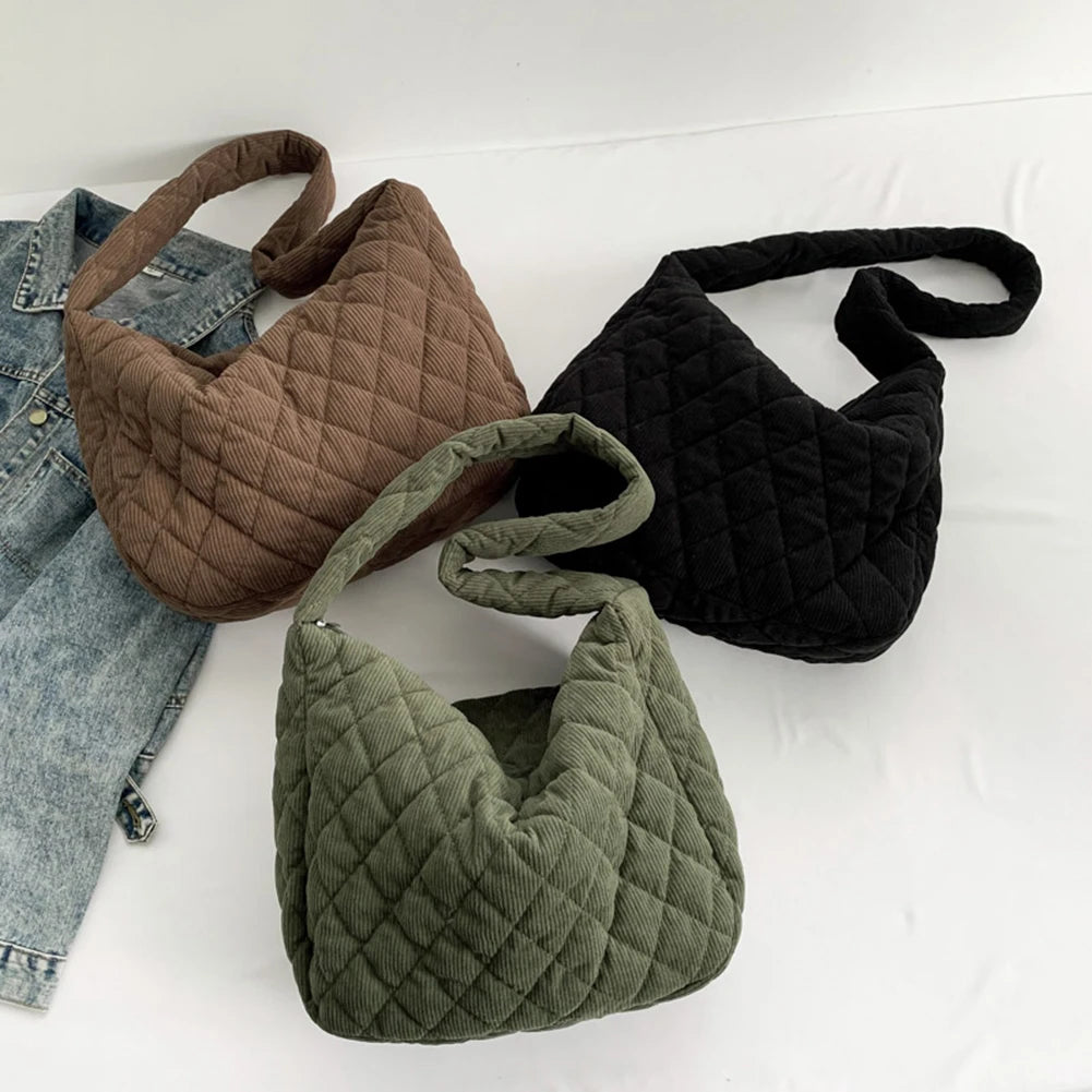 Women Underarm Bag Stylish Corduroy Quilted Shoulder Bag Trendy Bag Fashion Work Tote Retro Classic Purse Solid Color Handbag