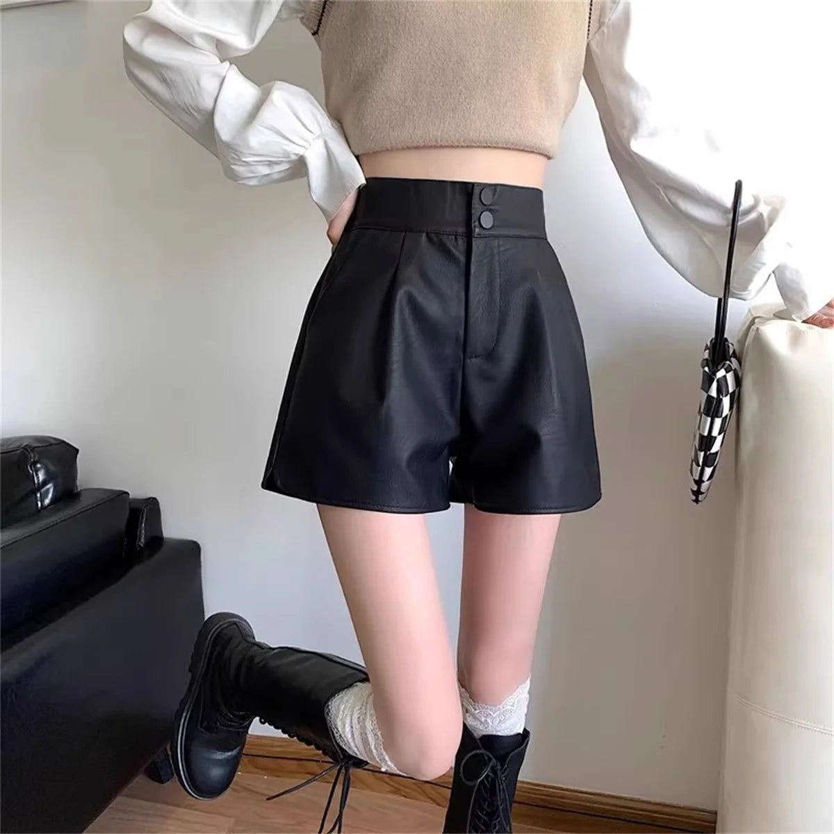 Fashion PU Shorts For Women 2025 Autumn Winter Retro New In Short Pant Solid High Waist Chic Shorts Lady Y2k Casual Street Wear