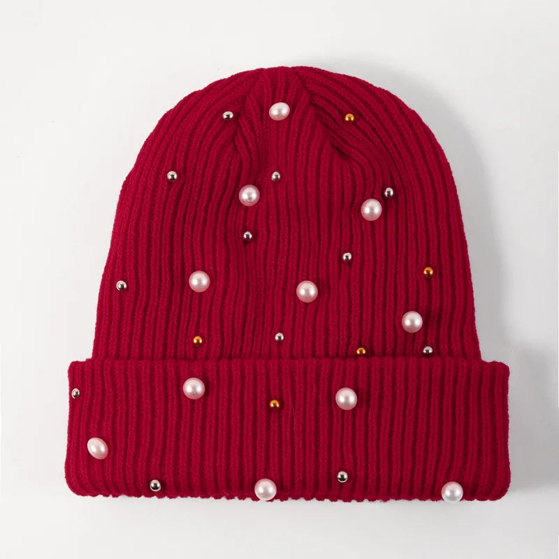 New Autumn And Winter Woolen Hat For Women, Fashionable Pearl Embellishment, Winter Warm Knitted Hat