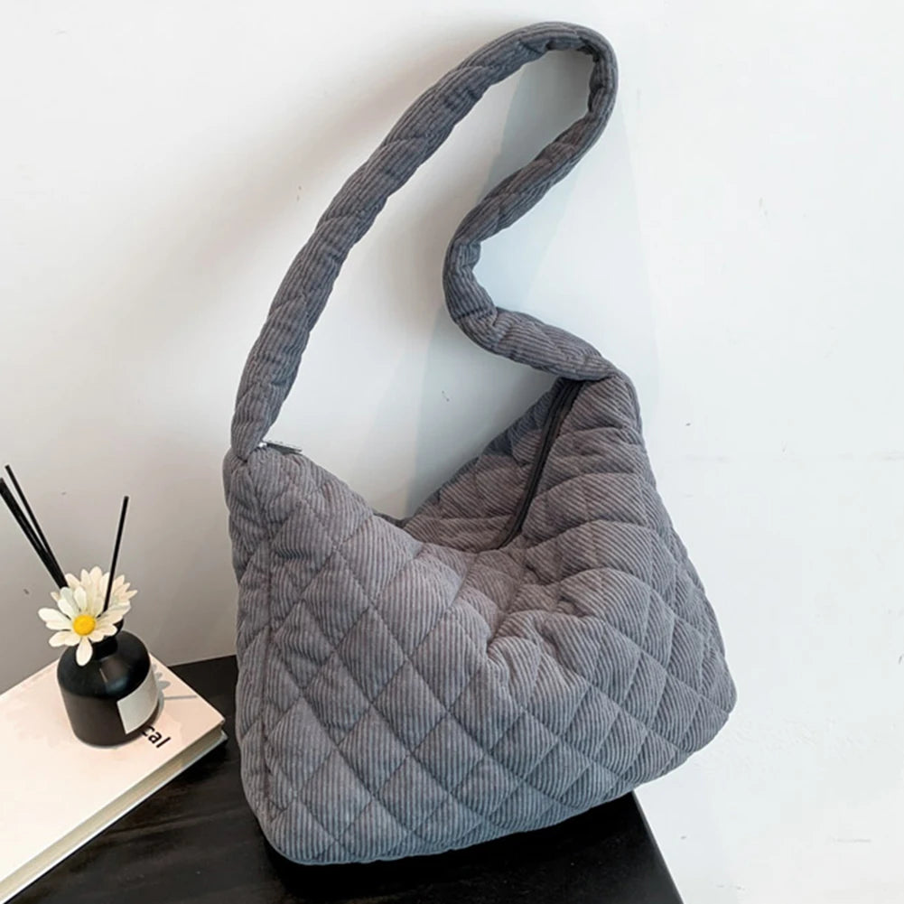 Women Underarm Bag Stylish Corduroy Quilted Shoulder Bag Trendy Bag Fashion Work Tote Retro Classic Purse Solid Color Handbag