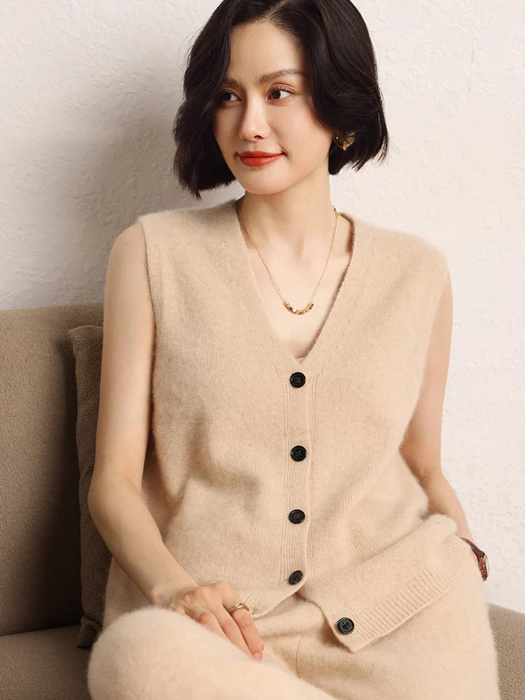 Women Cashmere Sweater Waistcoat Cardigans Vests 100% Cashmere Knitwear Autumn Winter Classics Sleeveless V-neck Office Lady Top