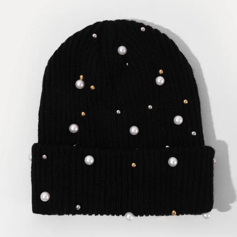 New Autumn And Winter Woolen Hat For Women, Fashionable Pearl Embellishment, Winter Warm Knitted Hat