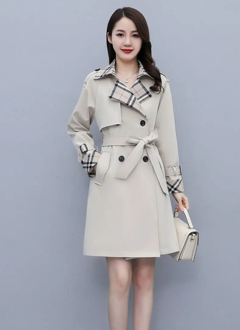Women Trench Coat 2024 Spring New Style Lapel Collar Khaki Double Breasted Button Office Lady Windbreaker Coat