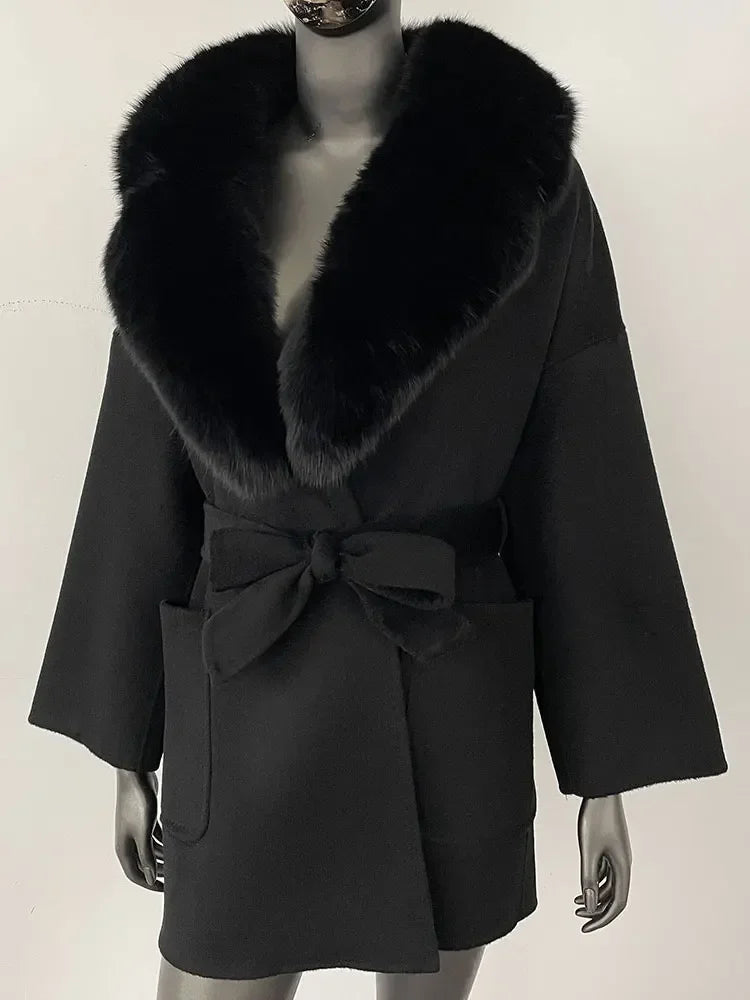 2025 Winter Fashion Women Double-sided Wool Cashmere Coat with Detachable Natural Fox Fur Collar Luxurious Genuine Fur Coat
