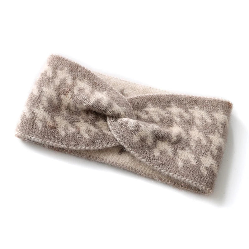 100% Cashmere Headband for Women, Color Block Hair Accessory, Wide Edge Bow Knitted Hair Ornament, Computer Jacquard Headband