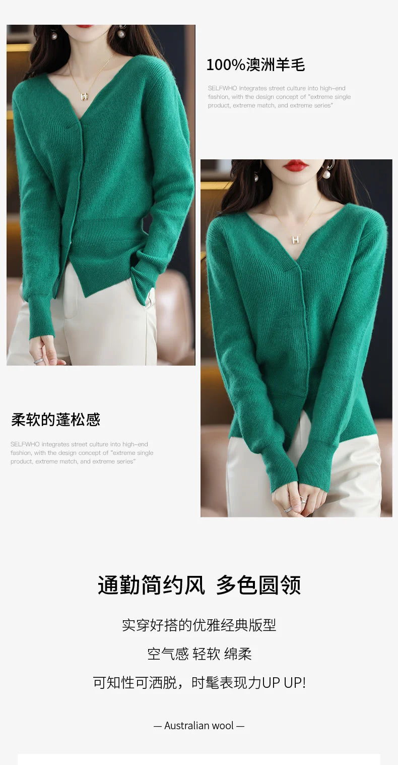 Cashmere Sweater Women's Cardigan Scissors Collar Hidden Buckle Pure Wool Sweater Autumn and Winter Coat Waist Slim Commute Top