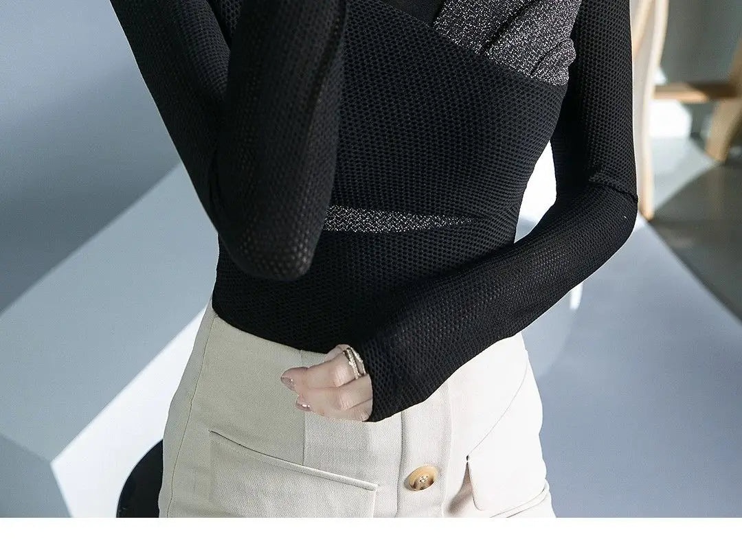 Women's Clothing Sexy See Through Mesh Patchwork Black Basic T-Shirts High Collar Elegant Chic Bright Silk Long Sleeve Slim Tops