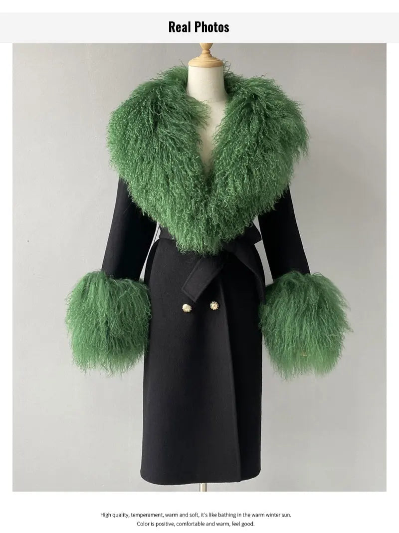 Women Cashmere Wool Coat With Real Mongolian Sheep Fur Collar  Ladies Autumn Winter Fashion Long Outwear Full Sleeve Fur Jacket