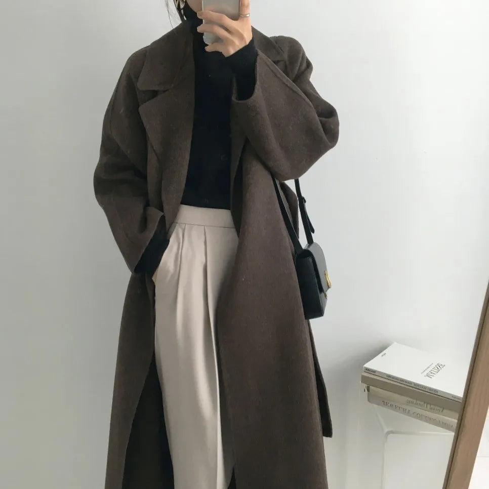 Elegant Woolen Coat Women's 2025 Autumn Winter Mid Length Adjustable Waist Thick Casual Long Sleeve Fashion Wool Coats Female
