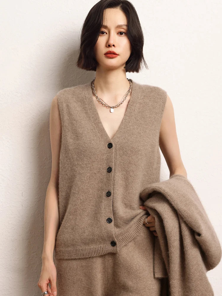 Women Cashmere Sweater Waistcoat Cardigans Vests 100% Cashmere Knitwear Autumn Winter Classics Sleeveless V-neck Office Lady Top