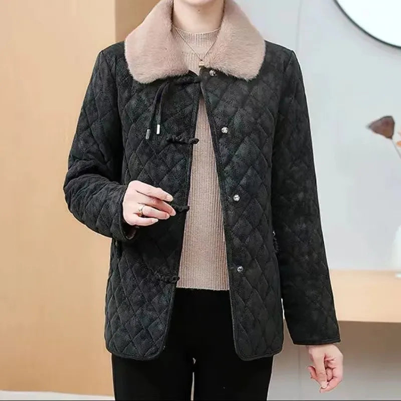 Winter Cotton Coat Women New Female Lapel Warm Parkas Overcoat Cotton-Padded Jacket Quilted Plaid Outerwear