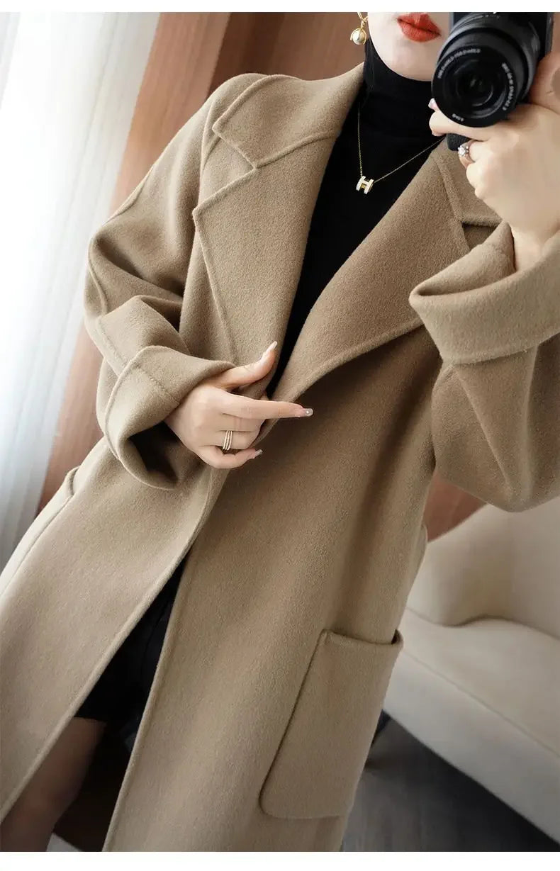 100% Wool Coat Women's Wear 2025 Autumn/Winter Fashion Temperament Double sided Cashmere Coats with Belt Elegant Long Overcoat