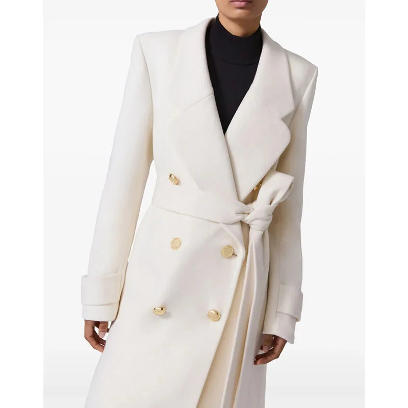 Winter Warm Women Woolen Coat Fashion White Turn-Down Collar Long Wool Coat With Belt