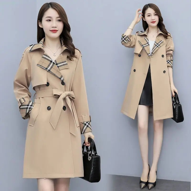 Women Trench Coat 2024 Spring New Style Lapel Collar Khaki Double Breasted Button Office Lady Windbreaker Coat