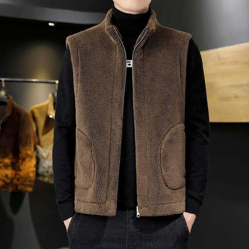Winter Lamb Wool Vests Men Warm Coat Fashion Casual Thick Stand Collar Sleeveless Jacket Can Be Worn On Both Sides Waistcoat Man
