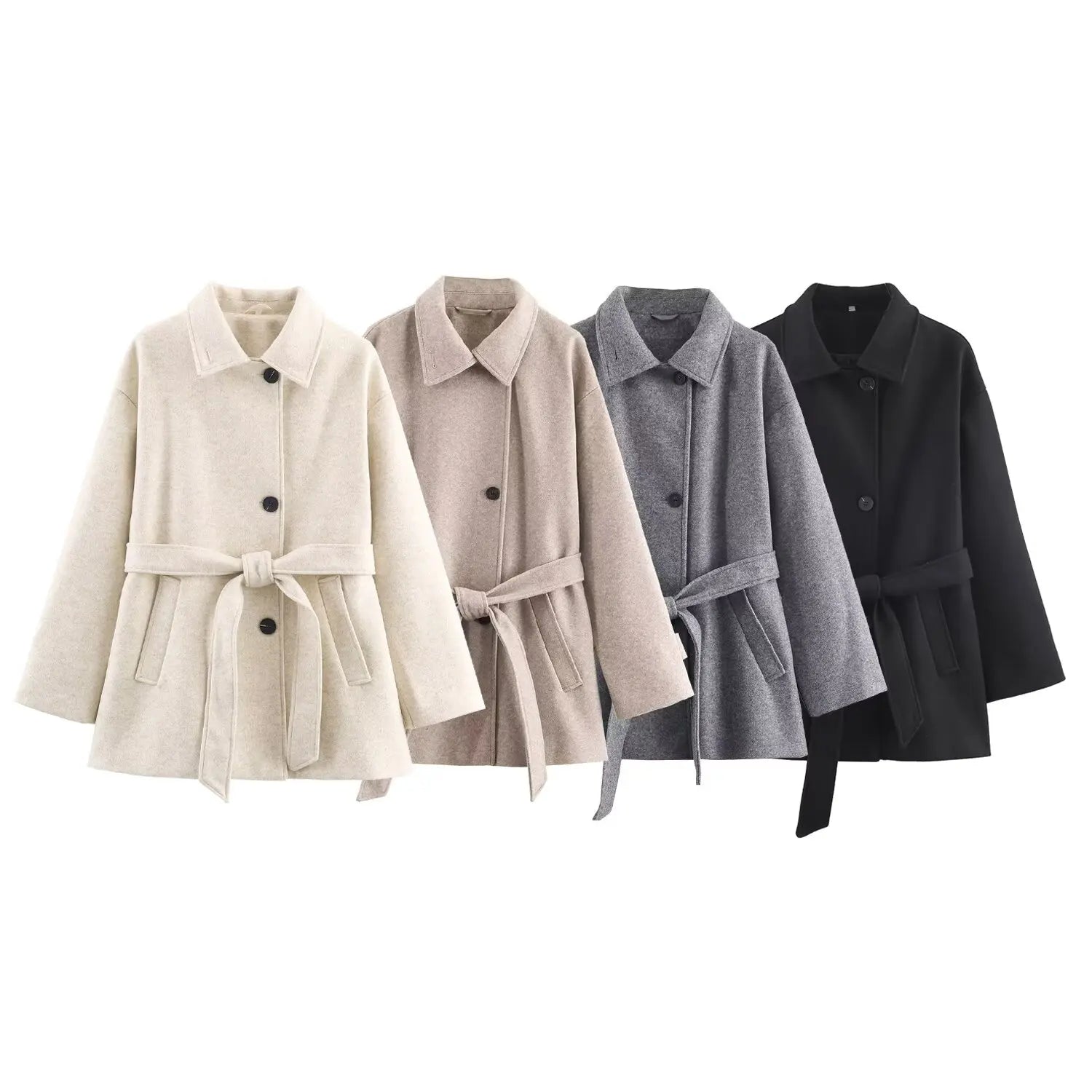 Women Wool Coat With Belt Autumn Winter Female Laple Long Sleeve Single-Breasted Outwear Coat Lady Loose Jackets
