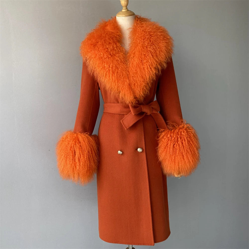 Women Cashmere Wool Coat With Real Mongolian Sheep Fur Collar  Ladies Autumn Winter Fashion Long Outwear Full Sleeve Fur Jacket
