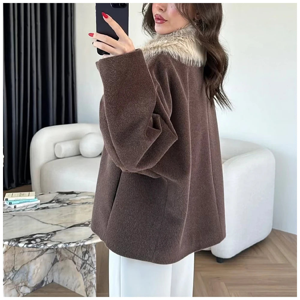 Womens Fashion Coat With Fur Collar Single Breasted Wool Coat Stylish And Versatile Suitable For Everyday And Work Wear