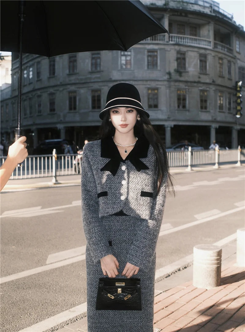 Winter Outfit Women 2024 New Elegant Lady Thickened 2 Pieces Sets Women Sweet Fashion Short Coat High Waist Long Skirt Suits