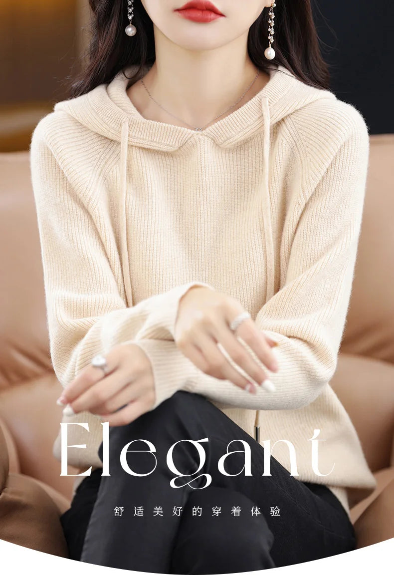 2023 New Cashmere hooded sweater Women Long Sleeve Autumn and Winter Knit hooded Pullover Solid Color Cashmere Base