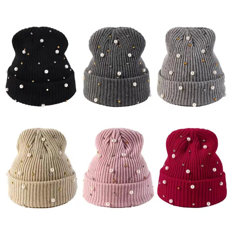 New Autumn And Winter Woolen Hat For Women, Fashionable Pearl Embellishment, Winter Warm Knitted Hat