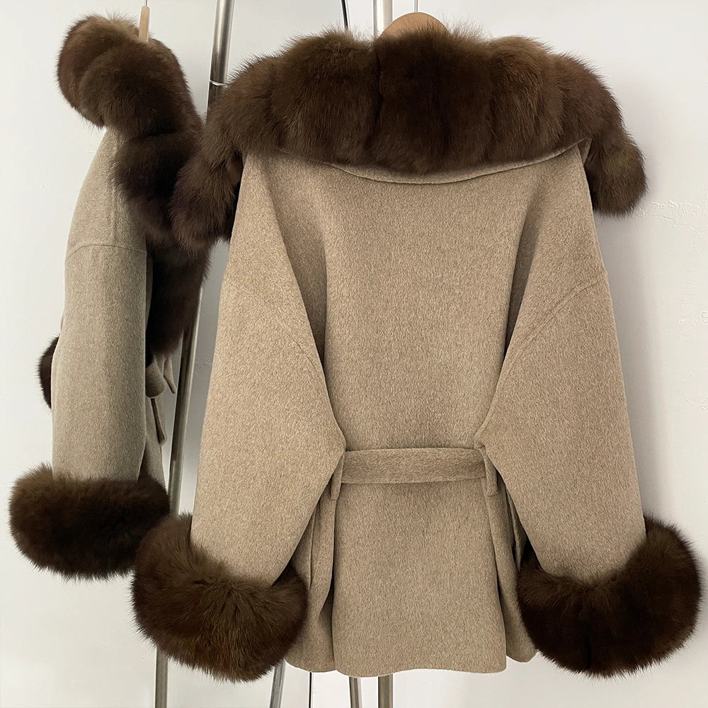 Wool Coat Women Woman New Fashion Winter Autumn Real Fur Jacket Luxury Real Fox Fur Coats Ladies Belt Design Woolen Outwear