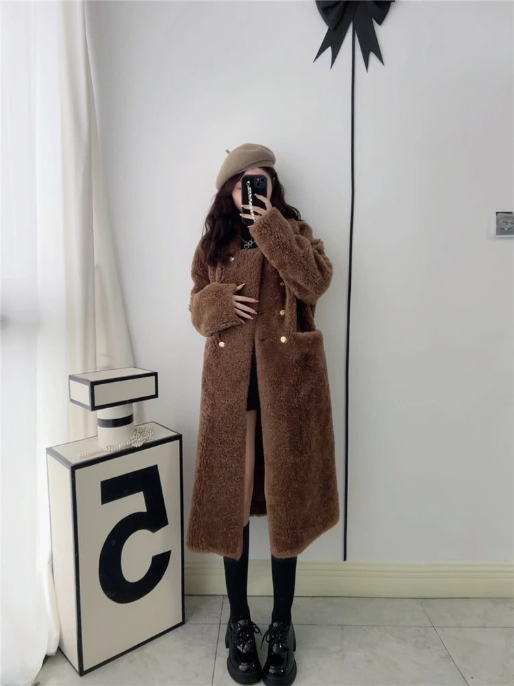 100% Wool Coat Women New Warm Sheep Shearing Long Solid Color Long Coat Lamb Wool casacos femininos inverno 2025