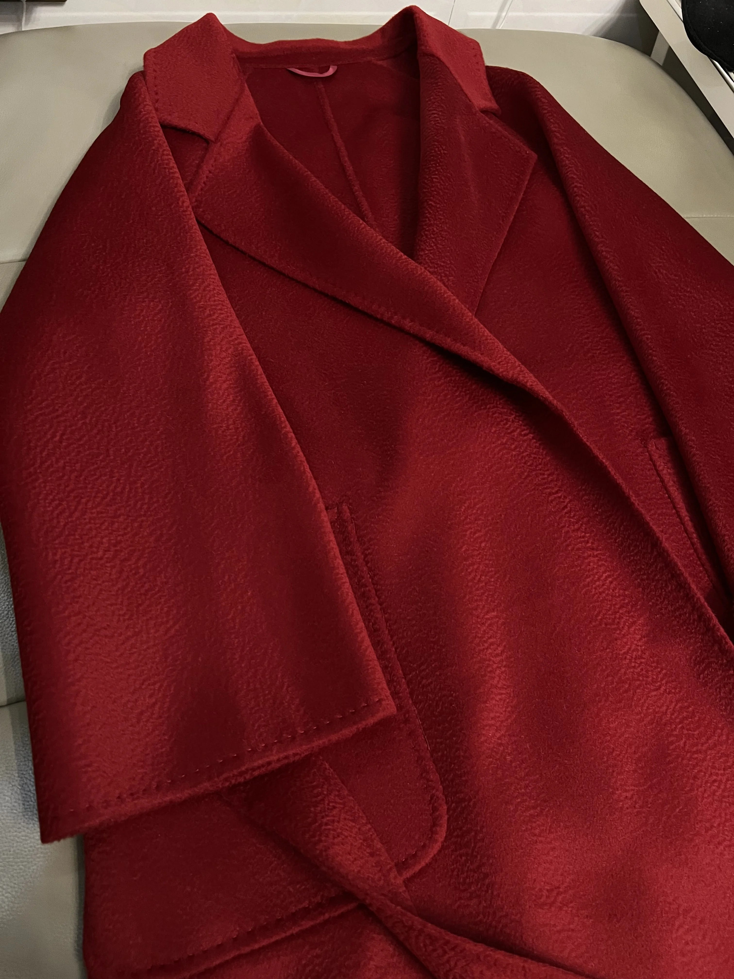 Cashmere Coat Female Winter Mid-Length Corrugated Coat Black Wool Coat Woman Autumn New Casual Fashion Red Beige Lace-Up Coat