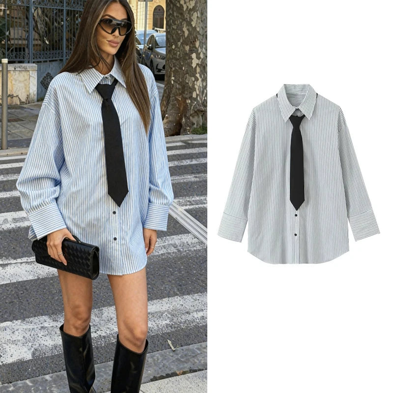 Women Shirt 2025 Women Autumn New Fashion Long Sleeves Button Striped Print Shirt With Tie Women Elegant Leisure Shirt