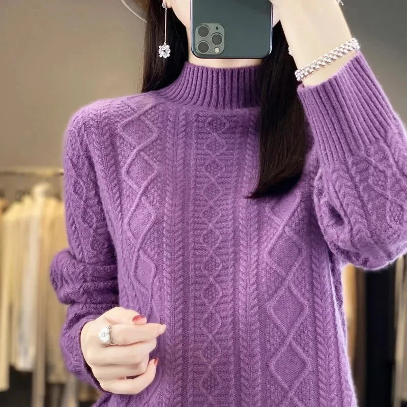 2024 New Women Autumn Winter Sweater Thick 100% Merino Wool Turtleneck Casual Cashmere Knitwaer Pullover Korean Fashion Tops