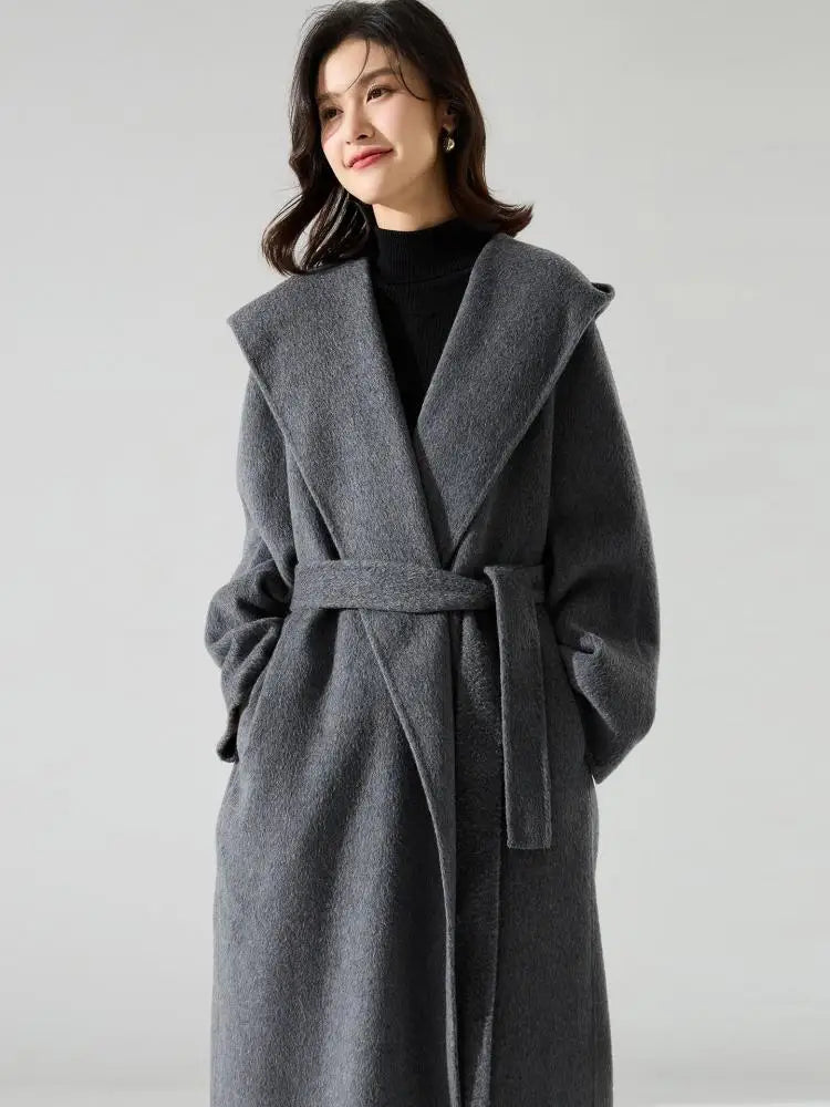 Office Lady Cashmere Woolen Jackets 2024 Autumn And Winter High-Grade Hooded Bathrobe Style Loose Lace-Up Long Women Wool Coats