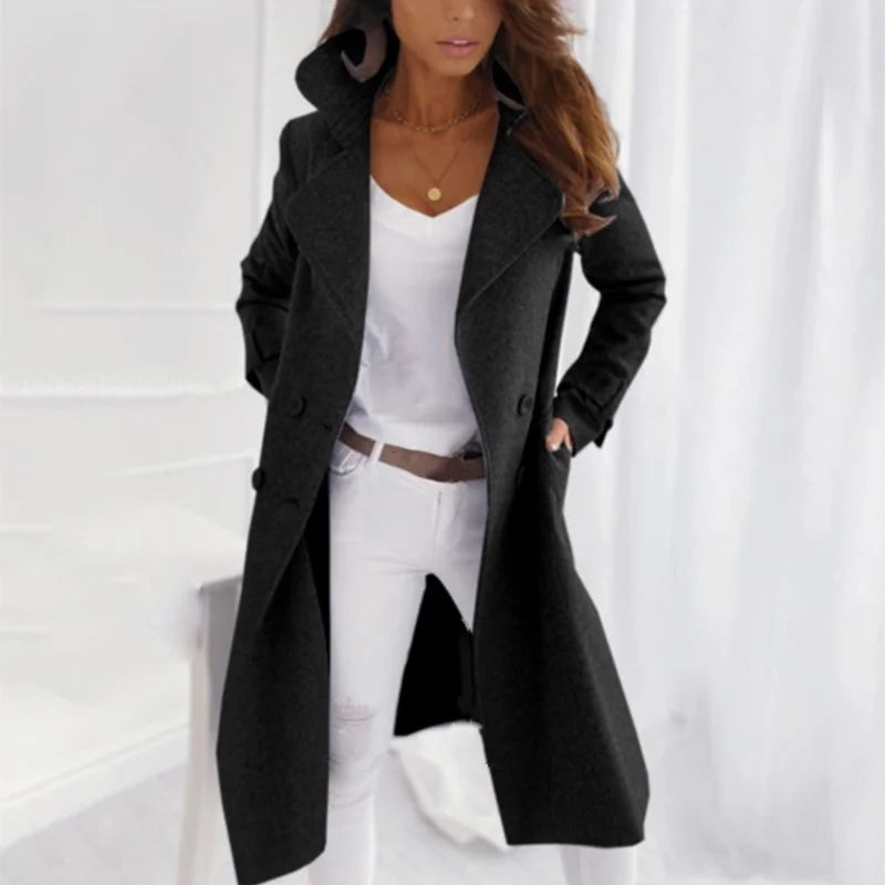 Women's BBW Trench Coat - Notch Lapel Double-Breasted Long Coat Fall Fashion