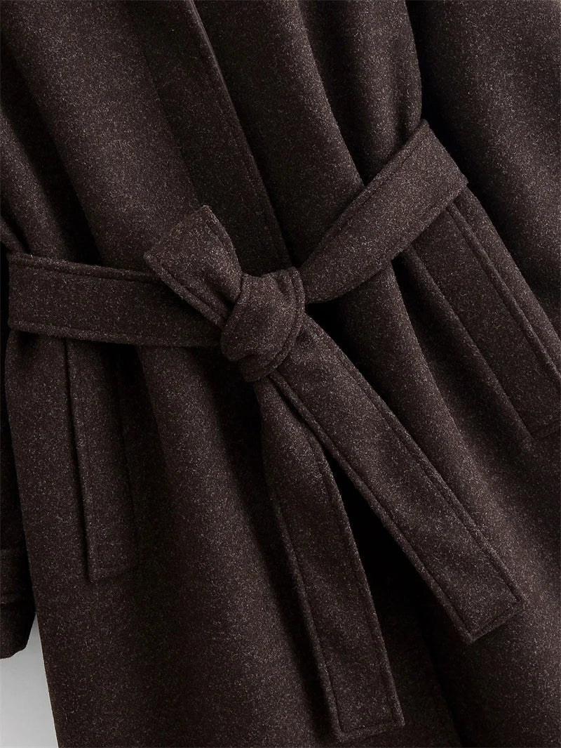 Women's Coat 2025 Winter New Style Dark Brown Long-Sleeve Belted Loose-Fit Long Woolen Coat Fashionable and Stylish