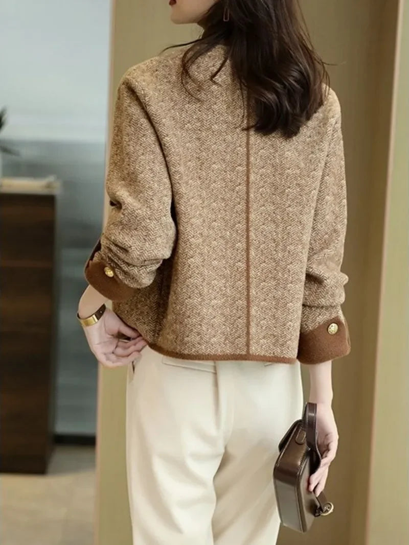 Knitting Wool Blend Coat for Women New In Round Neck Mixtures Jacket Woman Fashion 2025 High Quality Medium Elegant Hot Autumn