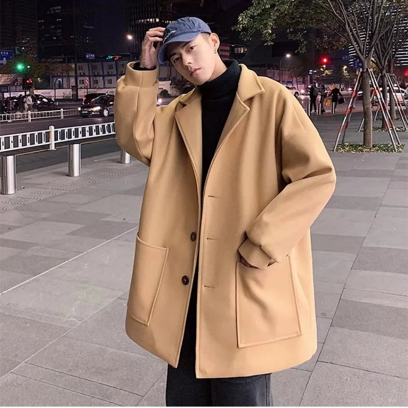 Woolen coat men's autumn and winter lamb wool thick solid color versatile suit collar jacket trendy couple mid length windbreake